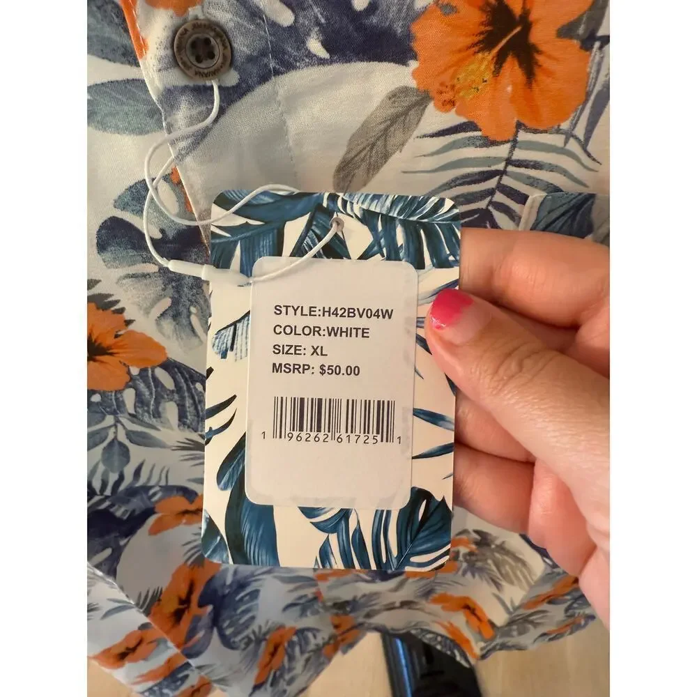 Havana Jim Men's White Blue Floral-Print Hawaiian Shirt Size XL